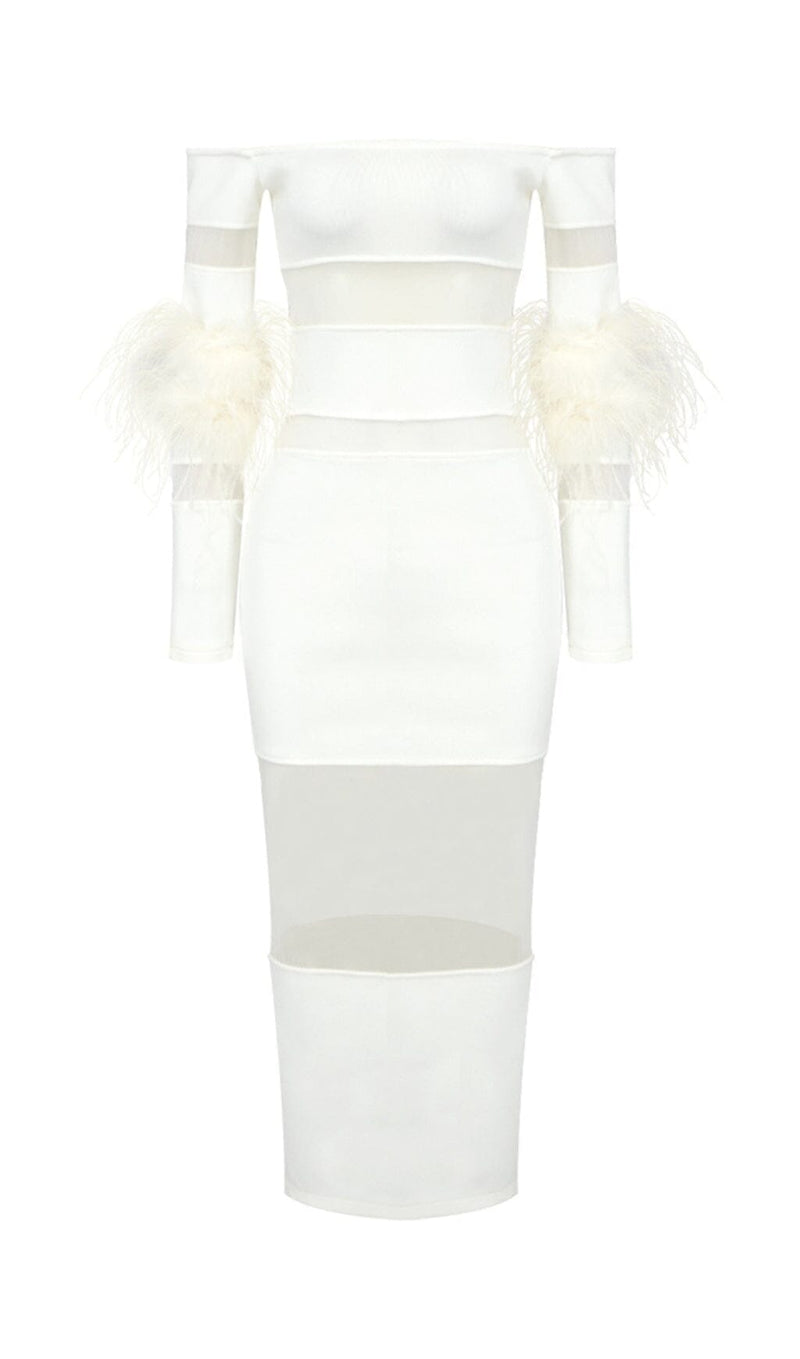 BANDAGE OFF-SHOULDER FEATHER MIDI DRESS IN WHITE