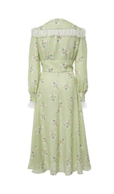 LIGHT GREEN V NECK FLORAL SILK MIDI DRESS