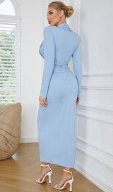 LONG SLEEVES V NECK MIDI DRESS IN BLUE