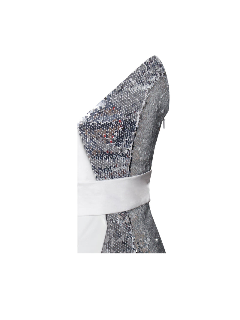 Silver White One Sleeved Sequin Crepe Tuxedo Blazer Dress