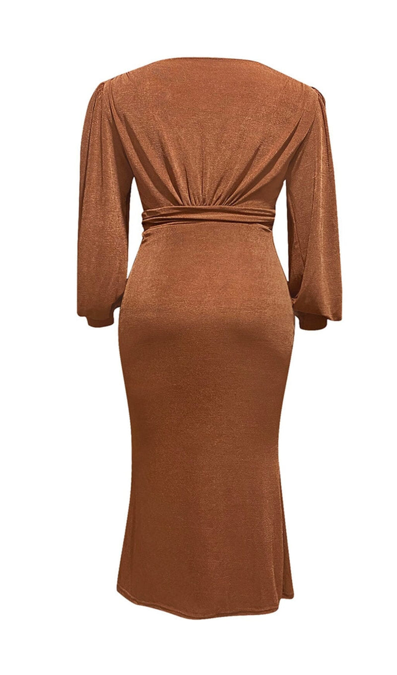 BROWN PLUS SIZE V NECK SLIT BODYCON DRESS