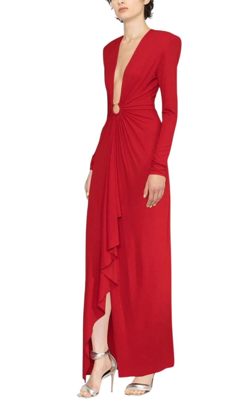 RED PLUNGE-NECK DRAPED GOWN