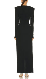 BLACK V NECK SPLIT THIGH MAXI DRESS