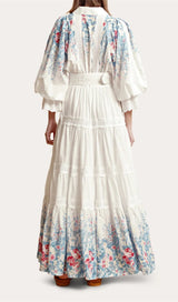 WHITE COTTON LAPEL GATHERED WAIST FLORAL PRINTED MAXI DRESS