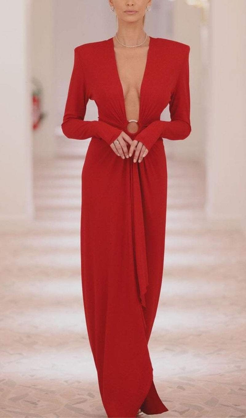 RED PLUNGE-NECK DRAPED GOWN