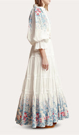 WHITE COTTON LAPEL GATHERED WAIST FLORAL PRINTED MAXI DRESS