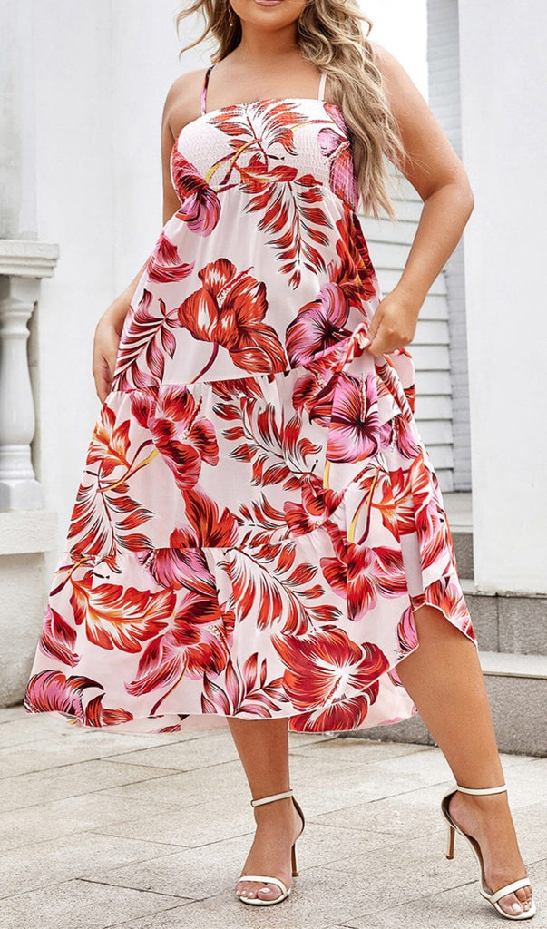 LARGE SIZE BACKLESS V SUSPENDER PRINT LOOSE MIDI DRESS