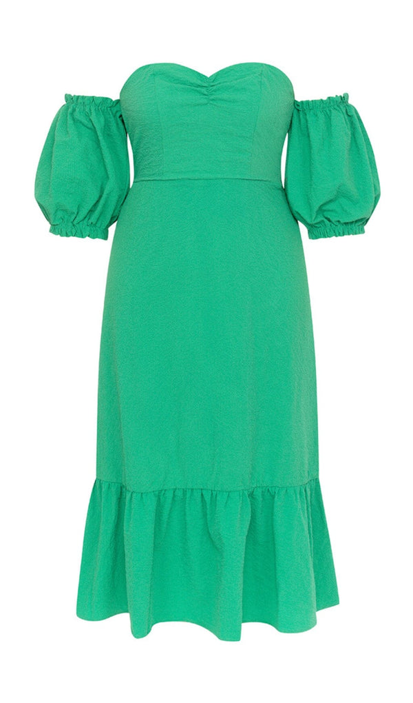 ONE-SHOULDER PUFF-SLEEVED GREEN TUBE TOP RUFFLED MIDI DRESS