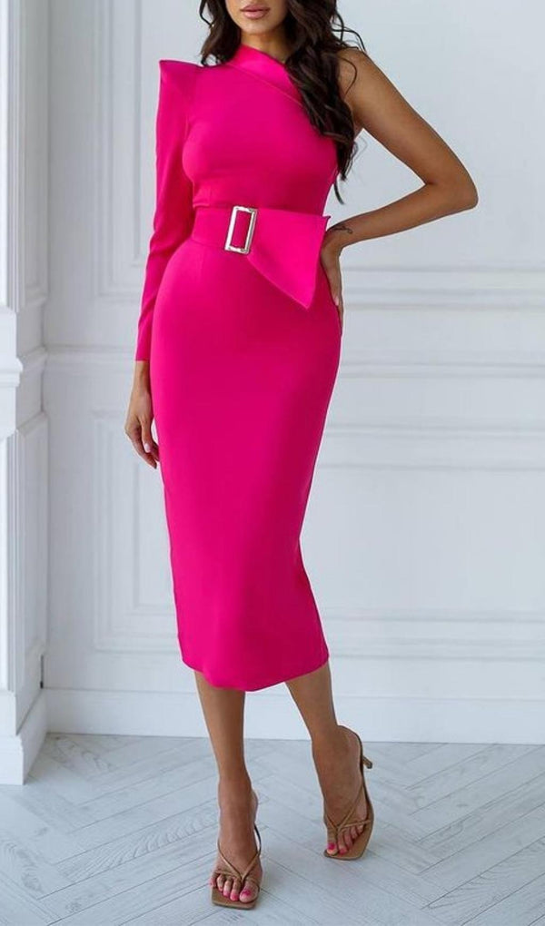 ONE SHOULDER MIDI DRESS IN PINK