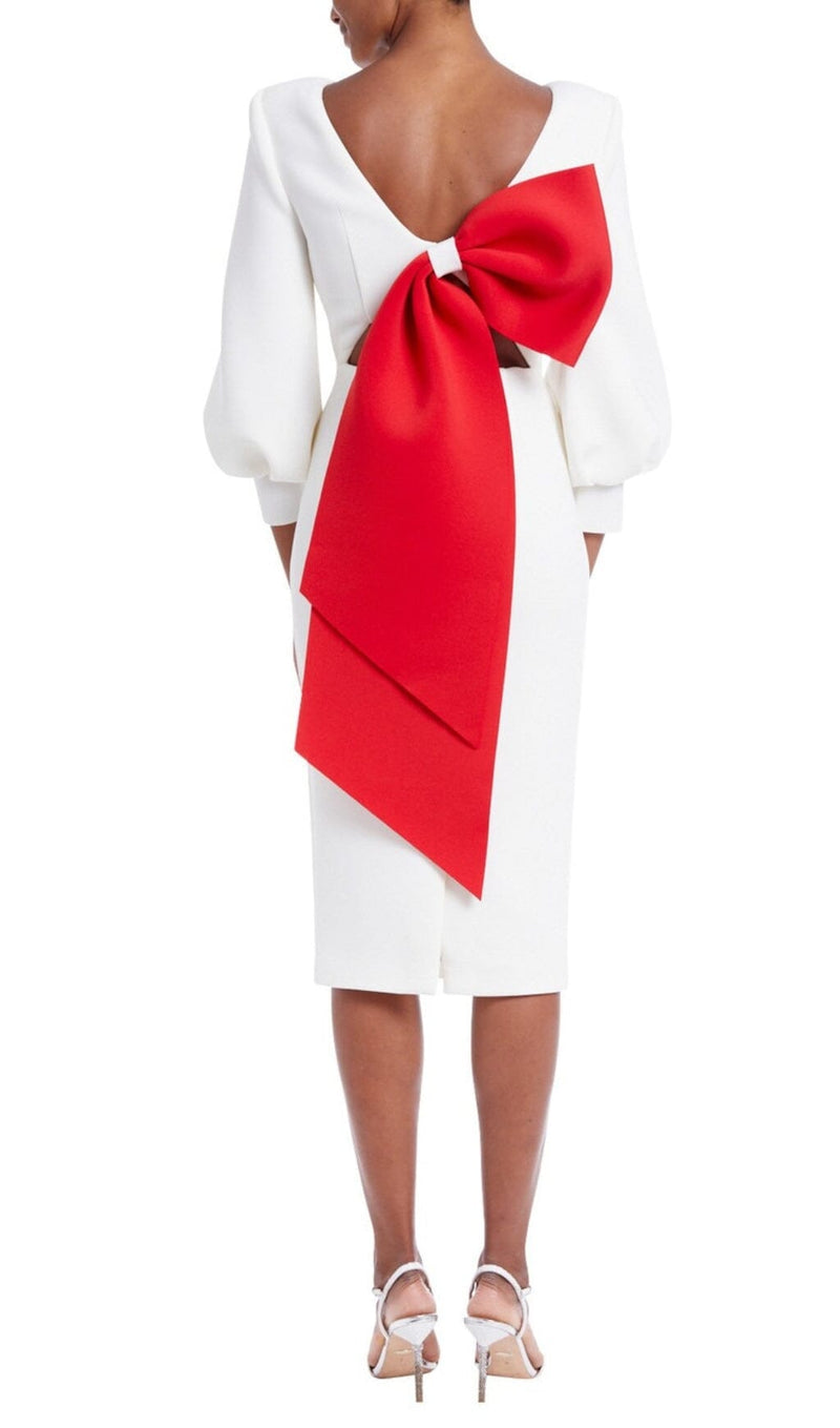 WHITE PUFF SLEEVE BACK LARGE BOW MIDI DRESS