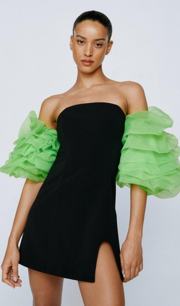 ORGANZA PUFF SLEEVE MINI DRESS IN BLACK