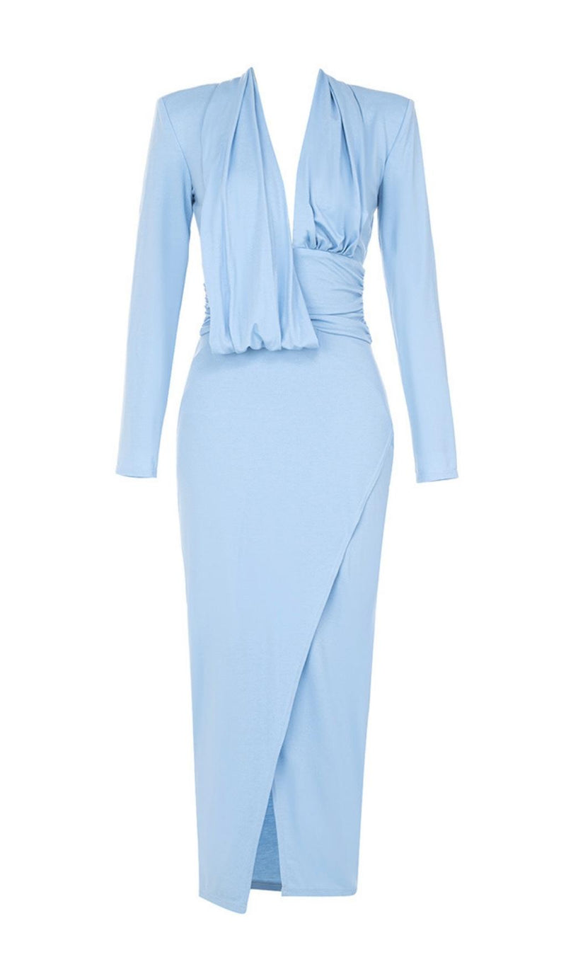 LONG SLEEVES V NECK MIDI DRESS IN BLUE