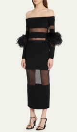 BANDAGE OFF-SHOULDER FEATHER MIDI DRESS IN BLACK