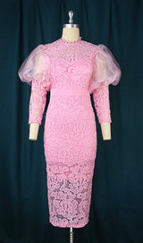 PINK PUFF SLEEVE LACE MIDI DRESS