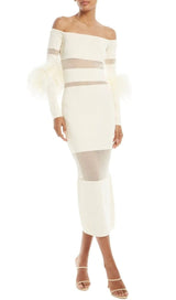 BANDAGE OFF-SHOULDER FEATHER MIDI DRESS IN WHITE