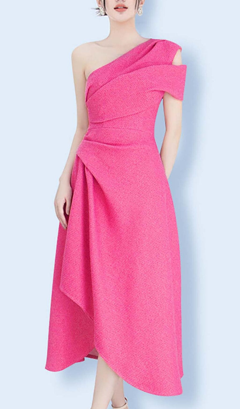 IRREGULAR ONE-SHOULDER MIDI DRESS IN RED