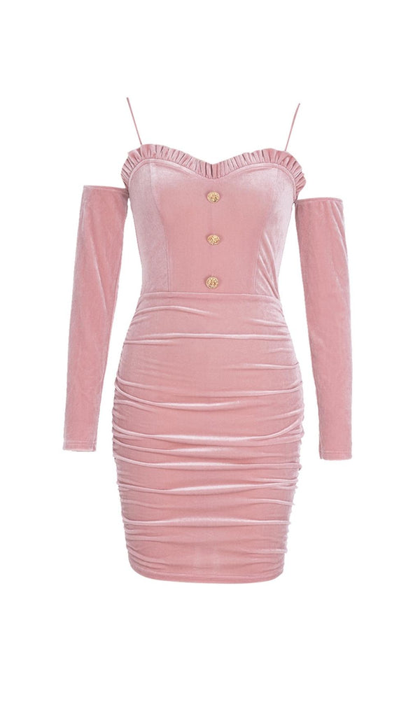 PINK LONG SLEEVE VELVET MINI DRESS