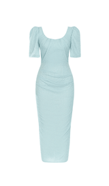 LIGHT GREEN PUFF SLEEVE SPLIT BACK BODYCON MIDI DRESS