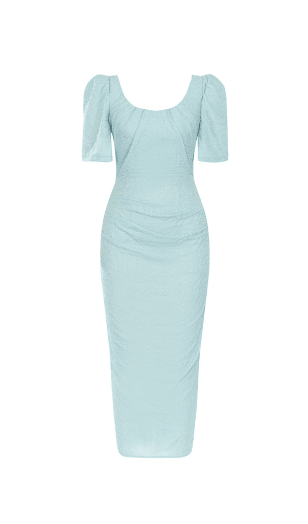 LIGHT GREEN PUFF SLEEVE SPLIT BACK BODYCON MIDI DRESS