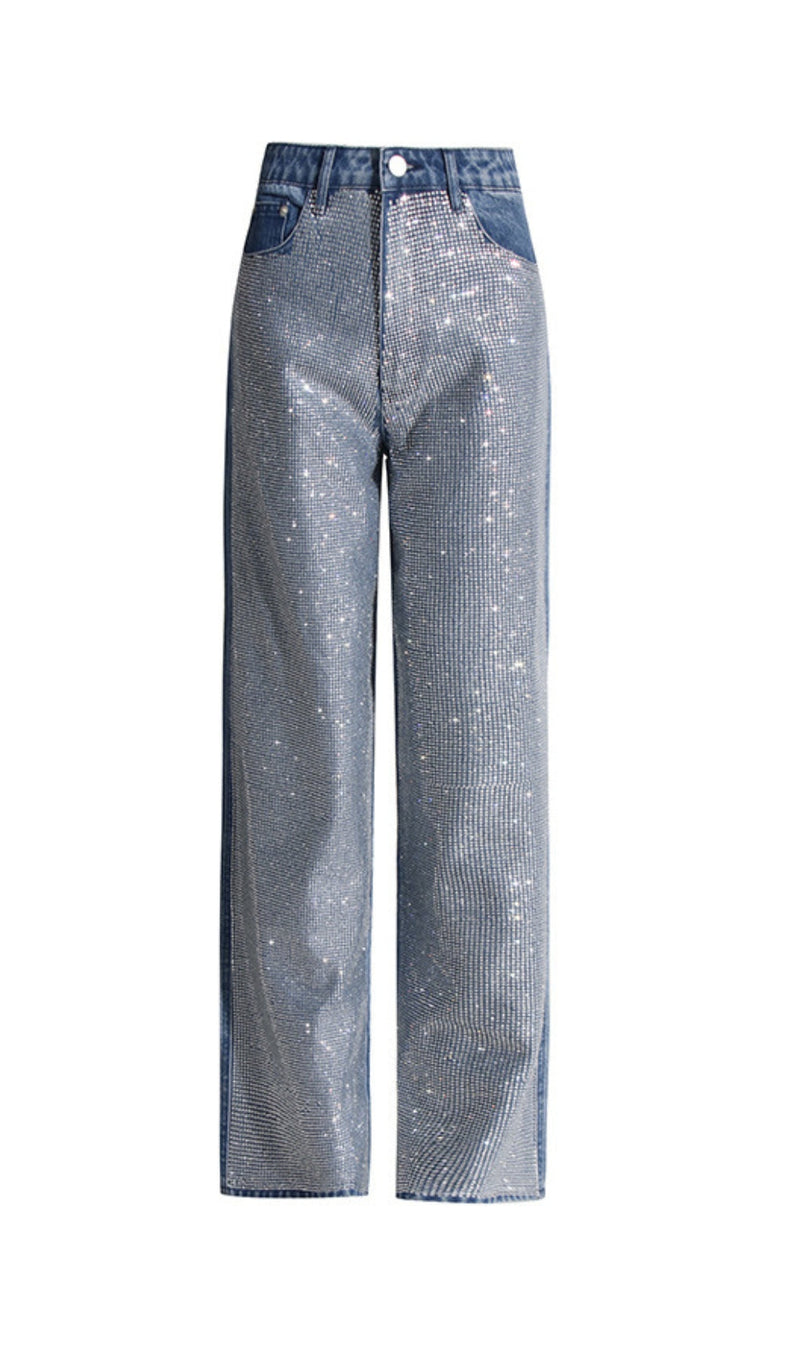 PANTALON EN JEAN PATCHWORK STRASS