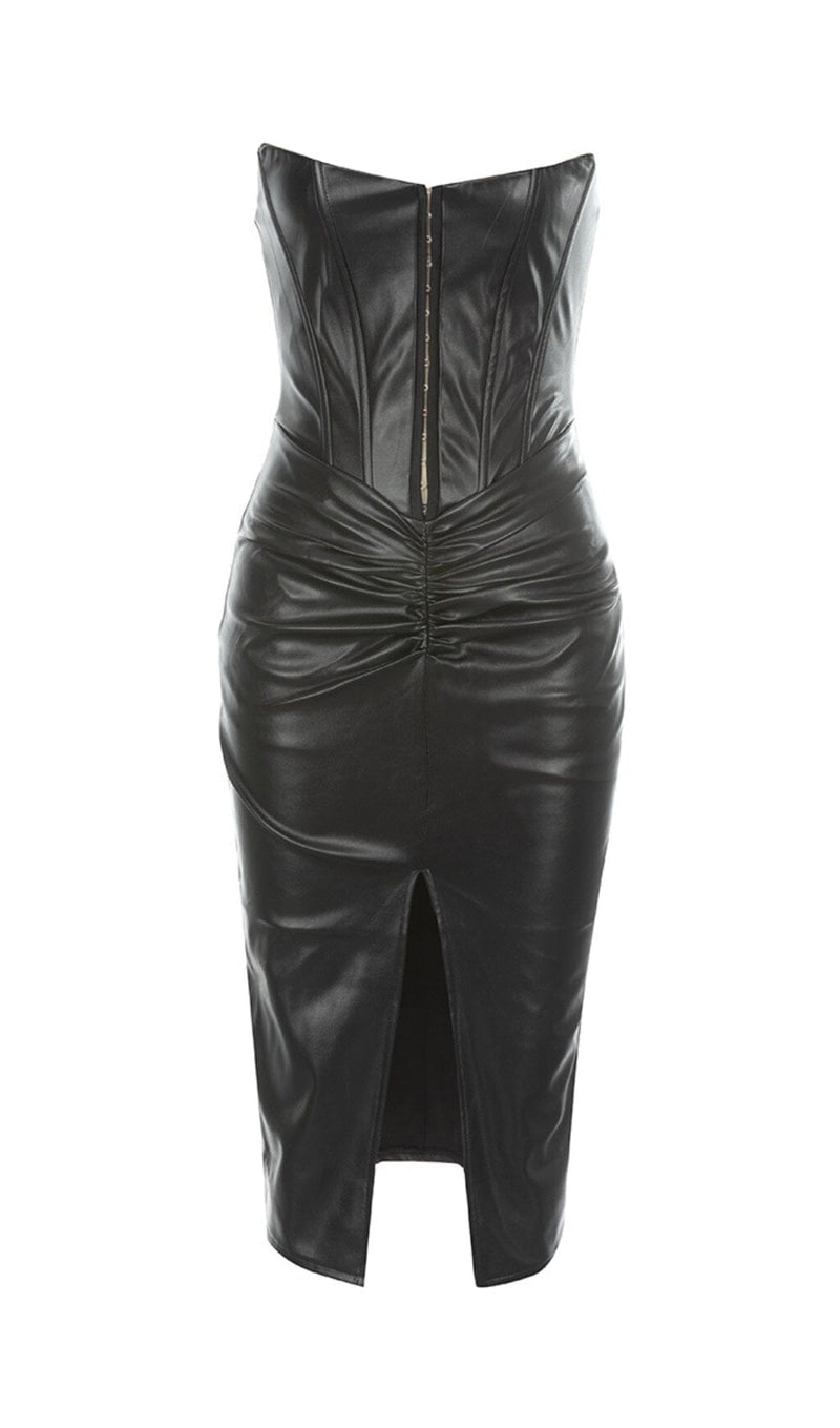 LEATHER STRAPLESS MIDI DRESS IN BLACK