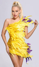 ASYMMETRIC FEATHER MINI DRESS IN YELLOW