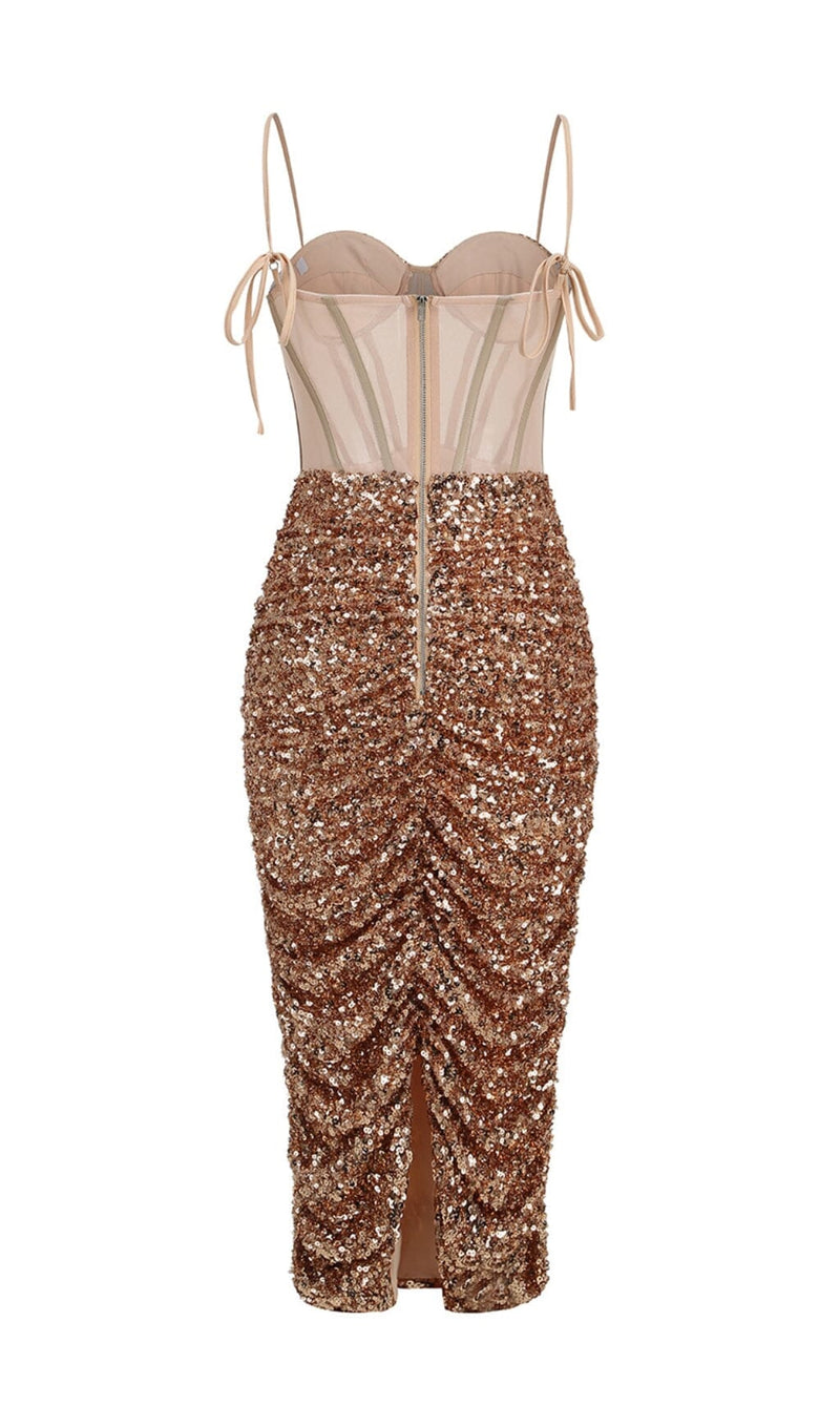 SEQUIN CORSET MIDI DRESS IN CHAMPAGNE