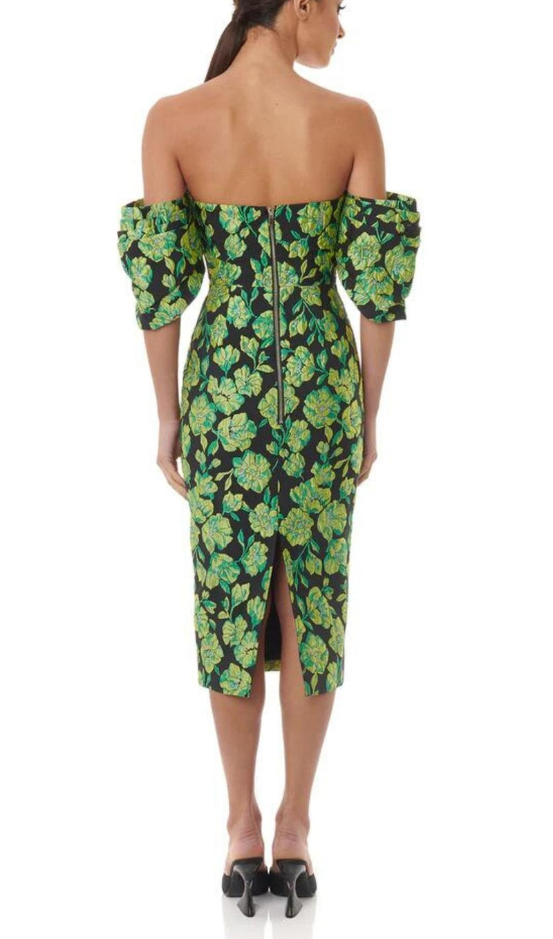 JACQUARD STRAPLESS MIDI DRESS IN GREEN