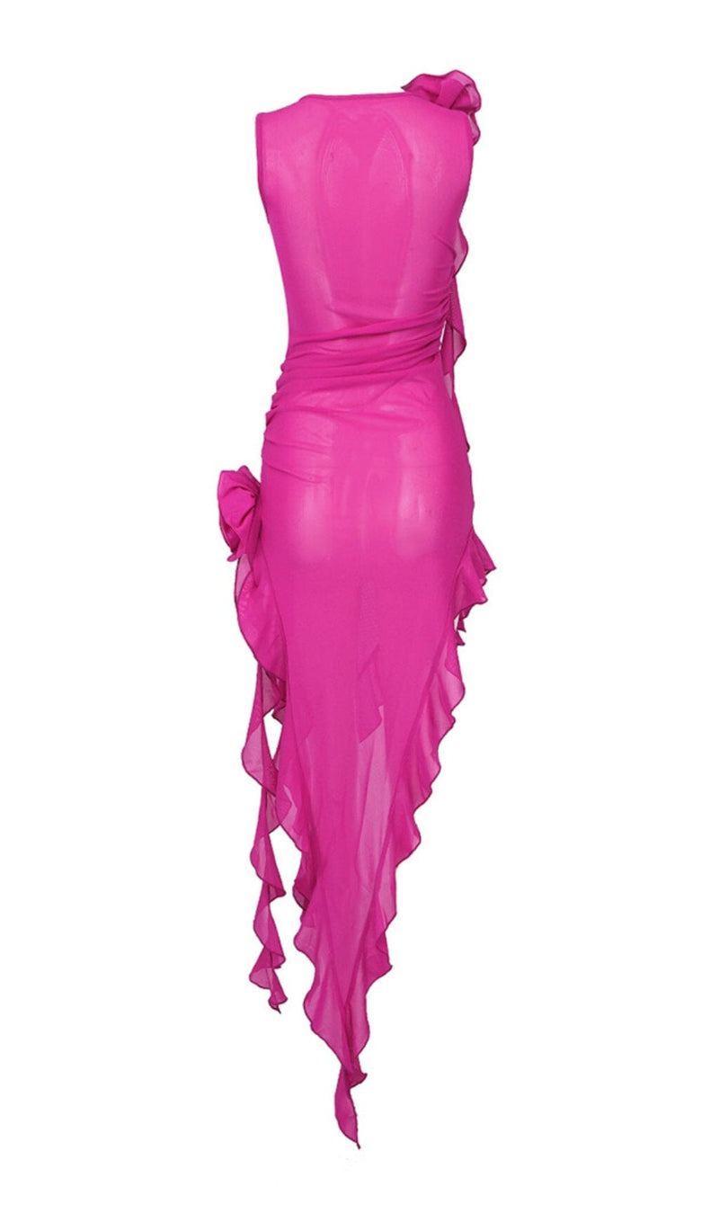 PERSPECTIVE RUFFLE MIDI DRESS IN PINK