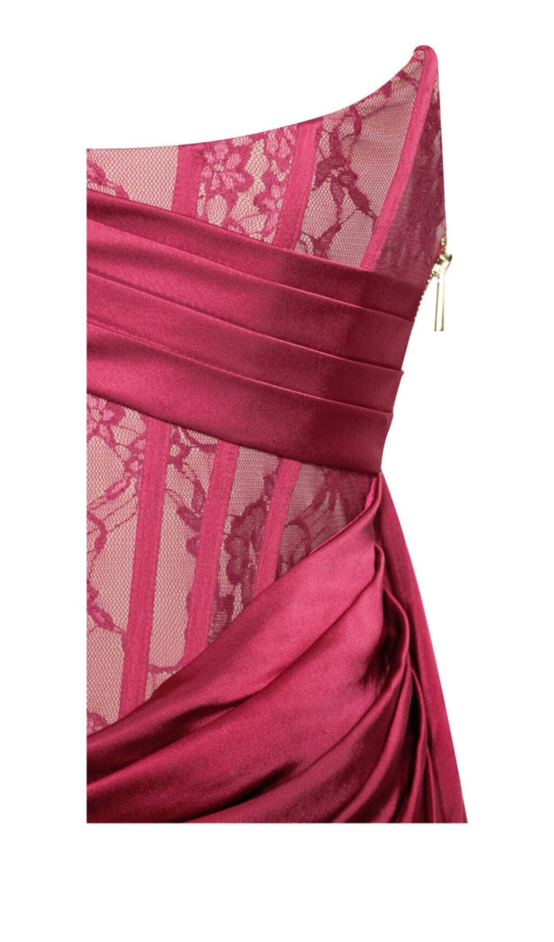 CORSET SATIN PLEATED MAXI DRESS IN RED