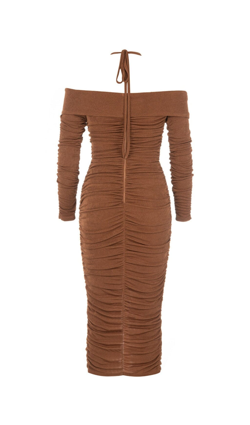 BROWN OFF-THE-SHOULDER PLEATED LONG-SLEEVED MIDI DRESS