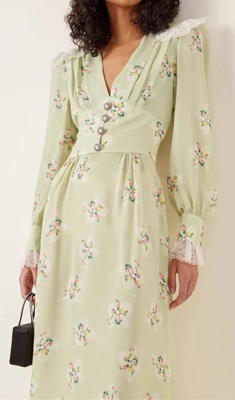 LIGHT GREEN V NECK FLORAL SILK MIDI DRESS