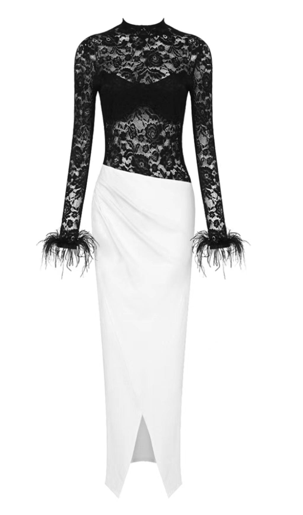 STYLEOFCB WOMEN SPLICED LACE FEATHER SLIT DRESS IN BLACK AND WHITE-maxi ...