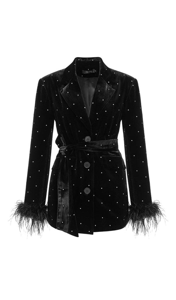 BLACK SINGLE BUTTON VELVET FEATHERS BLAZER