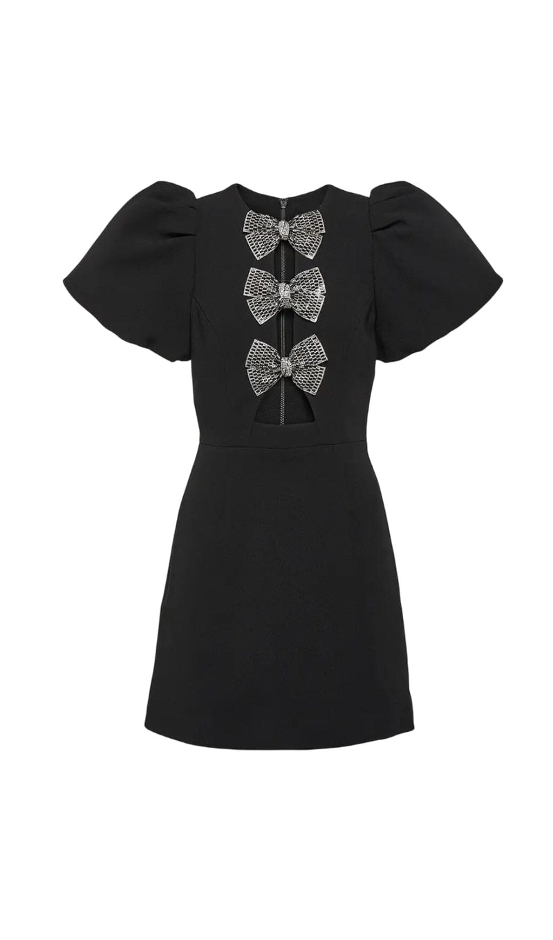 BLACK SHORT SLEEVE ROUND NECK BOW HOLLOW MINI DRESS