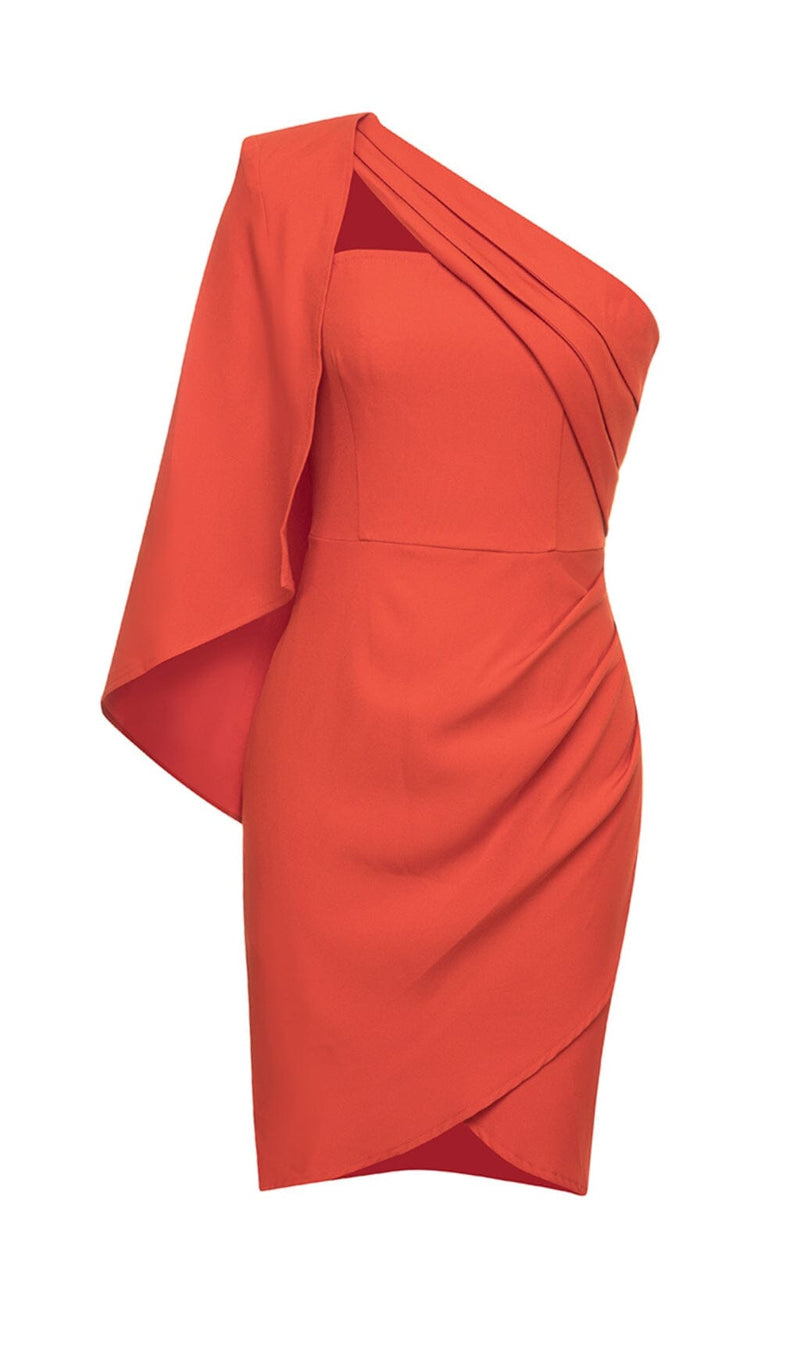 ORANGE ONE SHOULDER CLOAK SLEEVE WRAP HEM DRESS