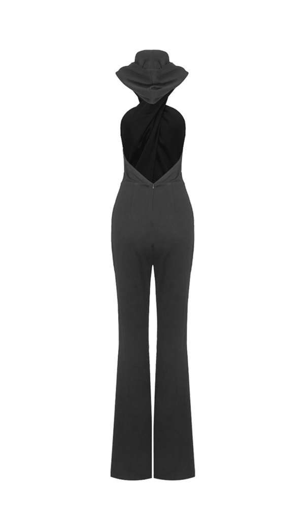BLACK BACKLESS HOODED JUMPSUIT WITH SLIP POCKETS