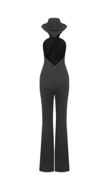 BLACK BACKLESS HOODED JUMPSUIT WITH SLIP POCKETS