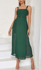 GREEN SLEEVELESS STRAP PLEATED DRESS