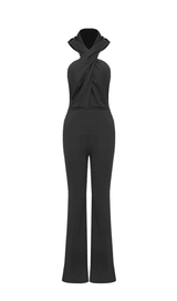 BLACK BACKLESS HOODED JUMPSUIT WITH SLIP POCKETS