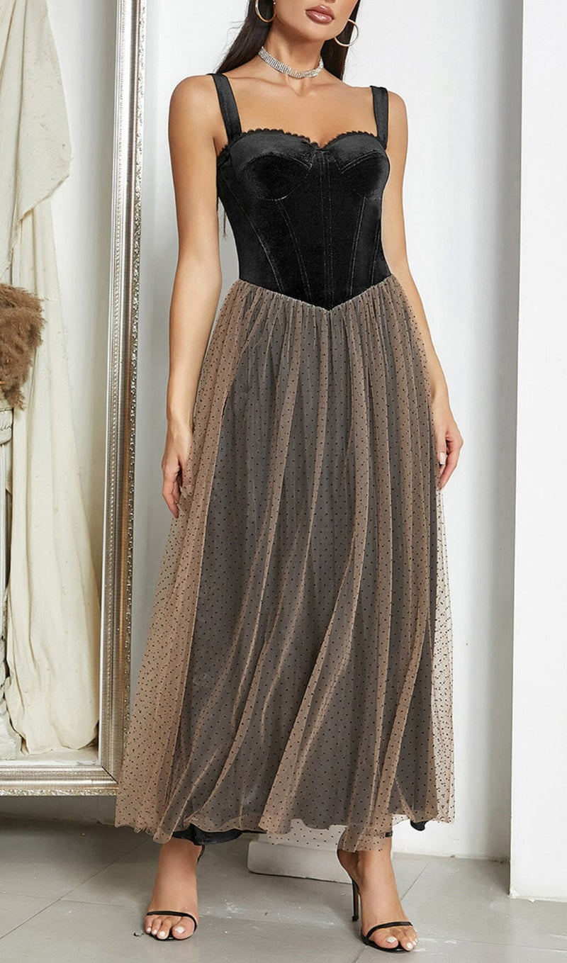 VELVET CORSET MESH MAXI DRESS