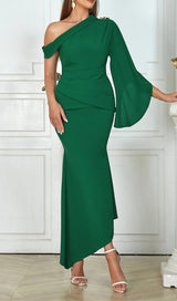 GREEN ONE-SHOULDER FLARED LONG-SLEEVE RUFFLE DRESS