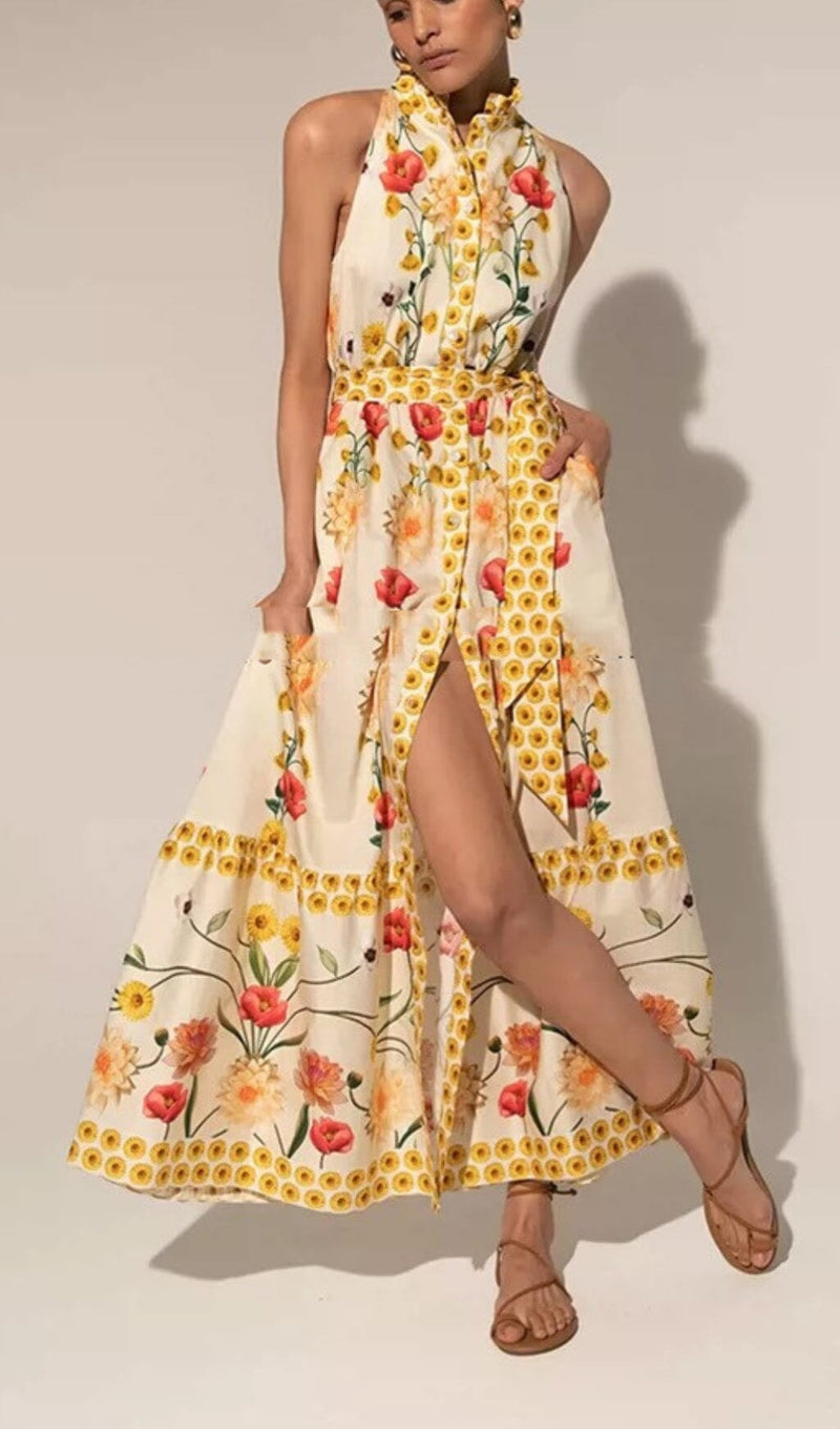 HIGH COLLAR SLEEVELESS LOOSE LACE FLORAL MAXI DRESS