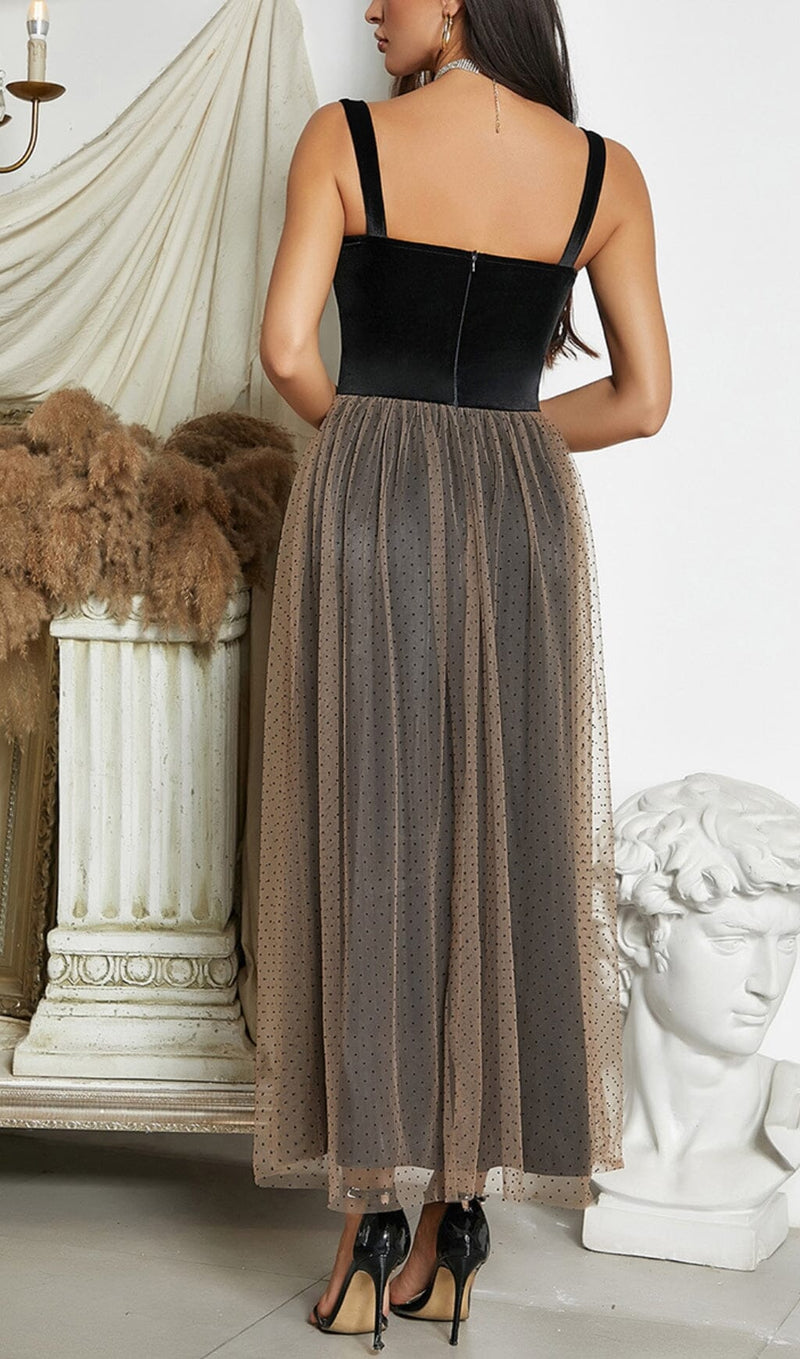 VELVET CORSET MESH MAXI DRESS