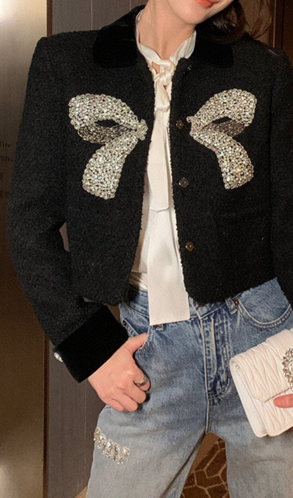 BLACK SMALL FRAGRANT STYLE BOW BEADED SHORT WOOLEN JACKET