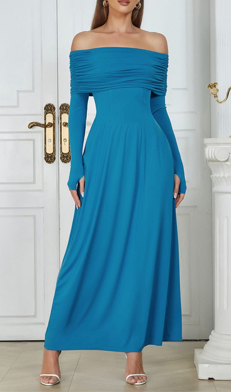 BLUE STRAPLESS LONG SLEEVE MAXI DRESS