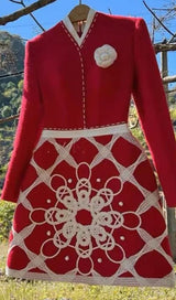 STAND COLLAR LONG SLEEVE HIGH WAIST PATCHWORK EMBROIDERY MINI DRESS