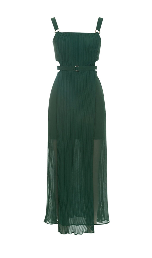 GREEN SLEEVELESS STRAP PLEATED DRESS