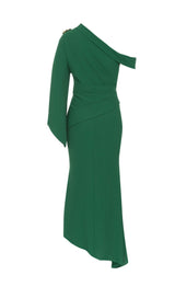 GREEN ONE-SHOULDER FLARED LONG-SLEEVE RUFFLE DRESS