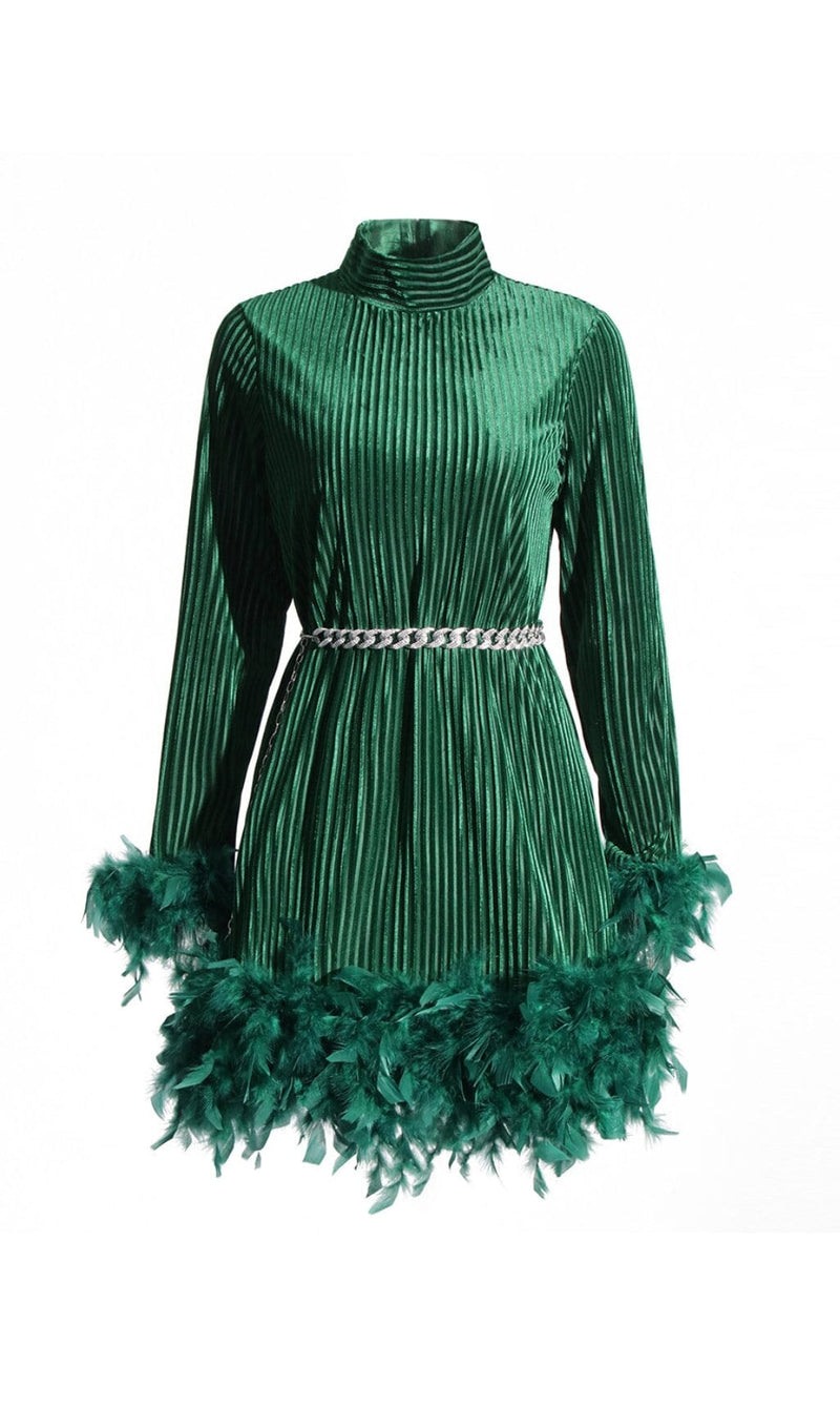 LONG SLEEVE FEATHER VELVET DRESS WITH BELT